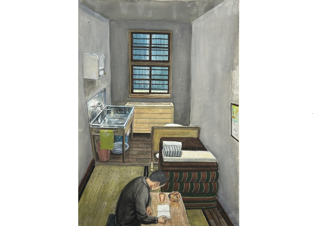 「札幌刑務所独居房、1996年頃」未発表イラストレーション　2004　紙に水彩