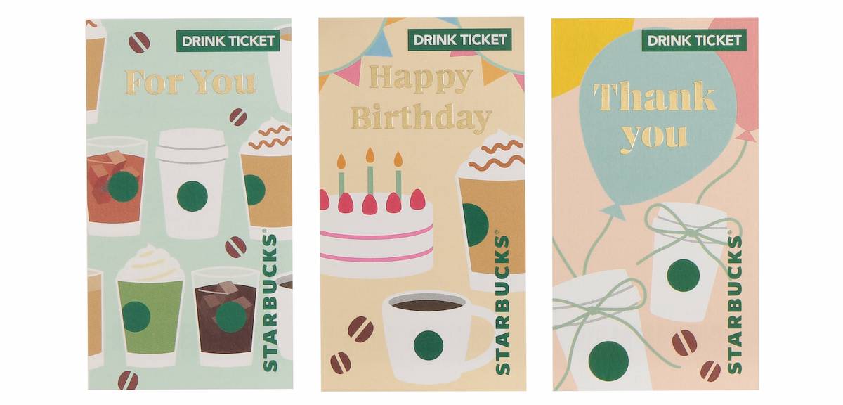 （左から）「ビバレッジギフトミニカード For You / Happy Birthday / Thank you」（ドリンクチケット付）各550円 【ドリンク引き換え有効期間】2026年4月8日（水）～2026年10月4日（日） 【ドリンク交換チケット】 700円（店内利用）、687円（持ち帰り）までのドリンクと交換可能