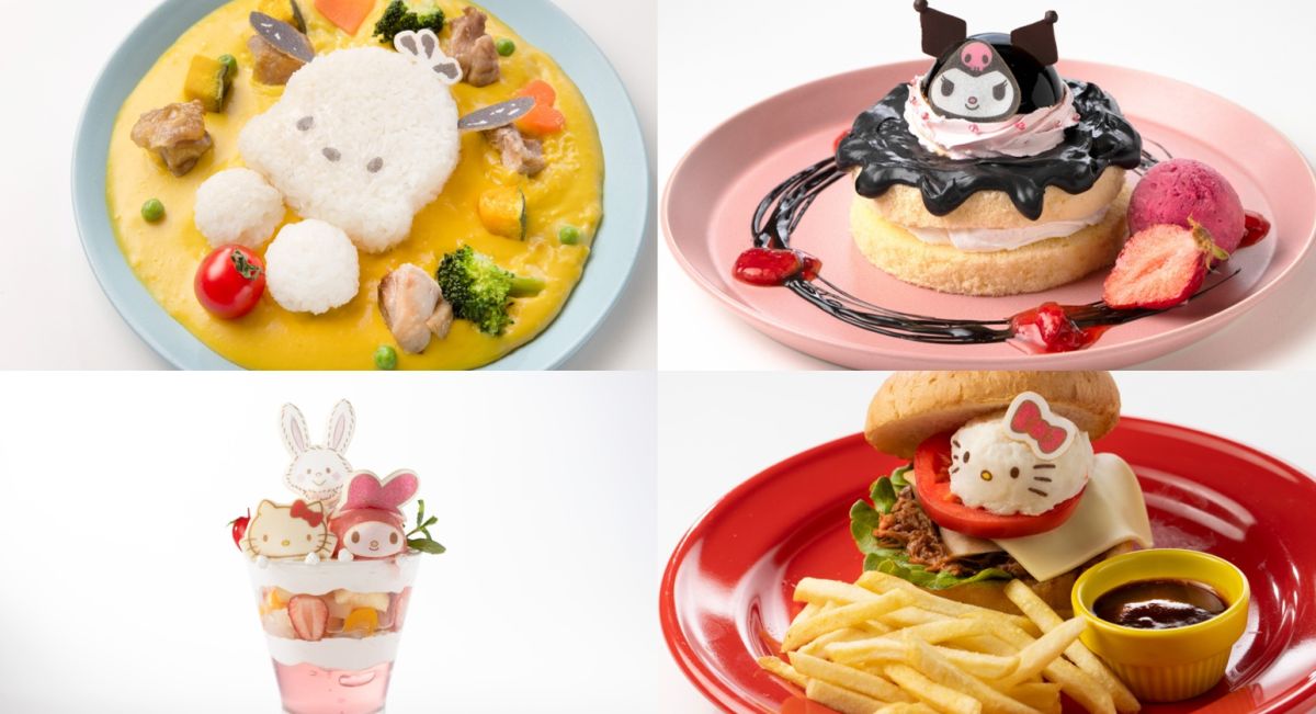 左上から時計回りに「ポチャッコのかぼちゃシチュー」1890円、「クロミのケーキ」2080円、「ハローキティのバーガー」1980円、「ハローキティ、マイメロディ、ウィッシュミーメルのパフェ」1890円