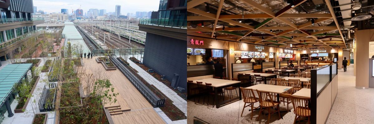 画像左「CROSS PLAZA」、画像右「FOOD COURT-WELLSIDE TABLE-」