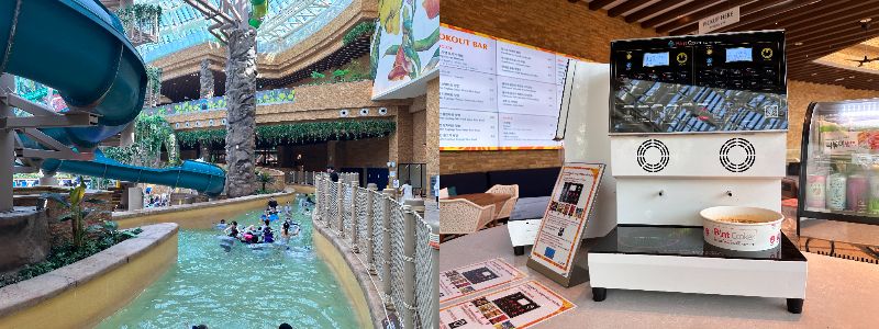 流れるプール(左)、ラーメン作りを体験できるルックアウト・バー(右)