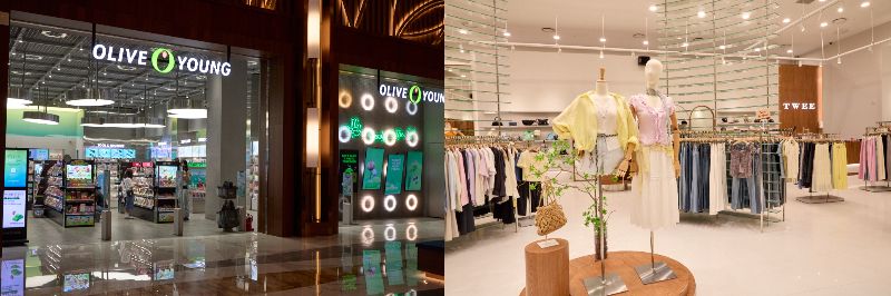 韓国コスメはオリーブヤング(左）で調達、韓国オンニ風アパレル店も充実（右）