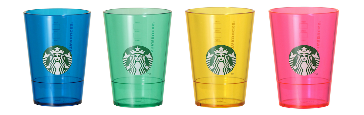 左から「ロゴコールドカップ ブルー / グリーン / イエロー / ピンク」384ml 各1300円