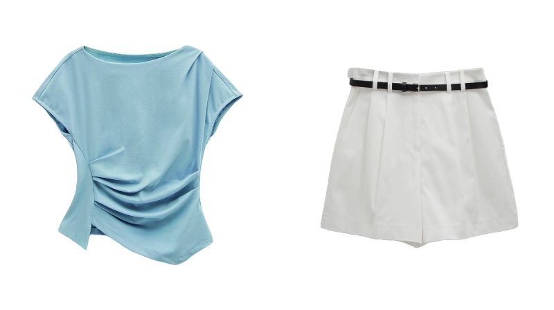 シルエットが絶妙なロンドウエストタックブラウスW4万9000（左）、上品に見えるエッセンシャルコットンタックハーフパンツW7万9000（右）