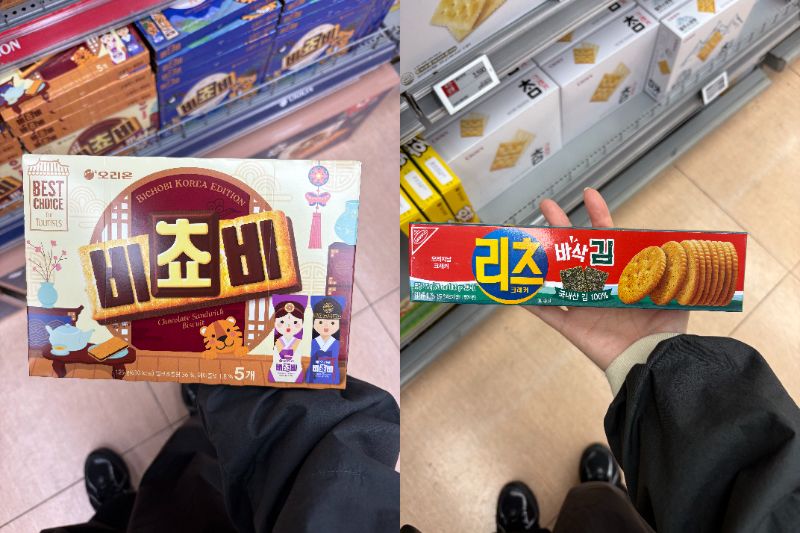 全粒粉ビスケットでチョコをサンドした「ビチョビ」W2980（左）、韓国海苔を100％使用した「リッツ 海苔味」W1730（右）。ビチョビは個包装のデザインもかわいい。リッツは甘いお菓子が苦手な人へのおみやげにぴったり！