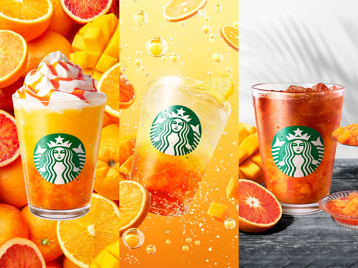左から「ぎゅぎゅっと オレンジ ＆ マンゴー フラペチーノ&reg;」707円（持ち帰り）、720円（店内利用）、「チラックス ソーダ オレンジ ＆ マンゴー」Tall 579円/Grande 624円/Venti&reg; 668円（持ち帰り）、Tall 590円/Grande 635円/Venti&reg; 680円（店内利用）、「クラフト ジューシー オレンジ ＆ マンゴー ティー」Tall 618円/Grande 663円/Venti&reg; 707円（持ち帰り）、Tall 630円/Grande 675円/Venti&reg; 720円（店内利用）