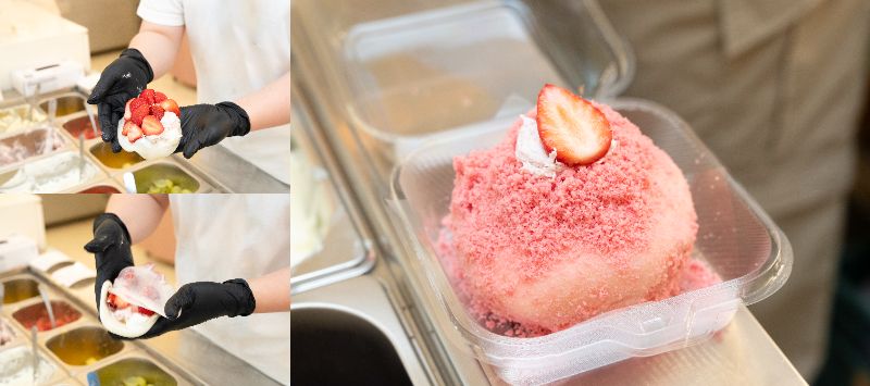餅生地にフルーツをたっぷり包んで、トッピングしたら完成！