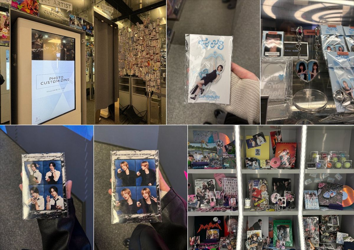 SMアイドルのフレームを選んで撮影できるプリ機も（写真左上）／さまざまなアイドルのグッズが充実