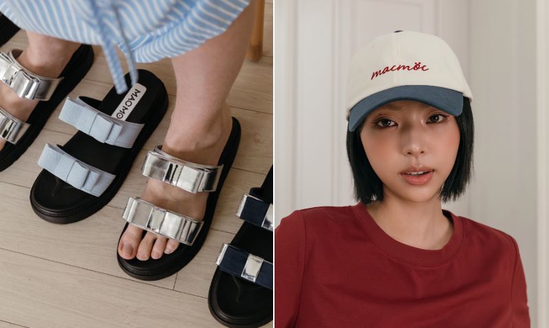 メタリック調のストラップが夏コーデのアクセントにぴったり。「BONA」W9万9000（左）／デイリー使いしやすい万能カラーのキャップ「NULLER キャップ」W4万9000（右）／提供：MACMOC聖水フラッグシップ