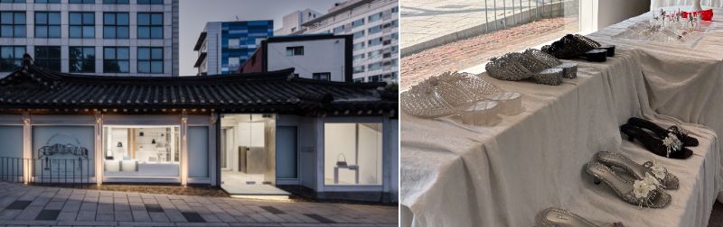 景福宮エリアをイメージした、瓦がレトロな外観（左）／カスタム済みのジュエリーシューズ（右）／提供：HEAVENLY JELLY