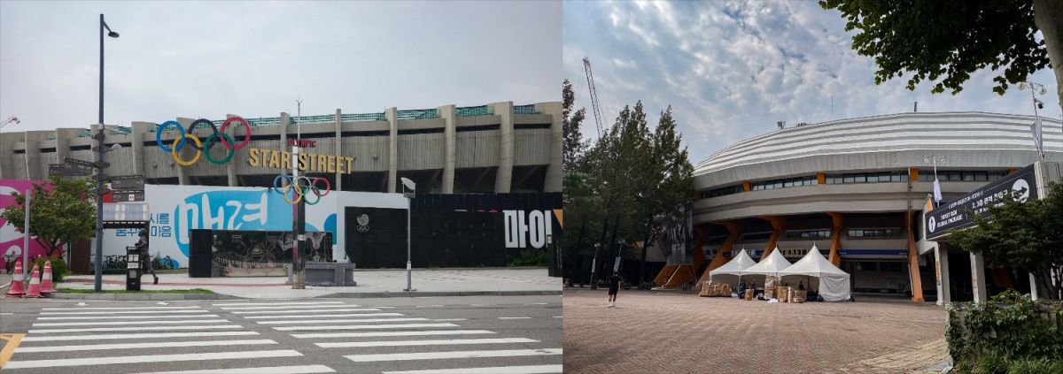 主競技場（写真左）と室内体育館（写真右）