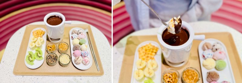 「アイスクリームフォンデュ」W1万9500。チョコレートソースにつけて好きなトッピングをプラス