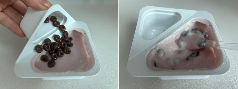 ピンク色のイチゴヨーグルトにチョコリングを投入！ クセがなく親しみやすいおいしさ