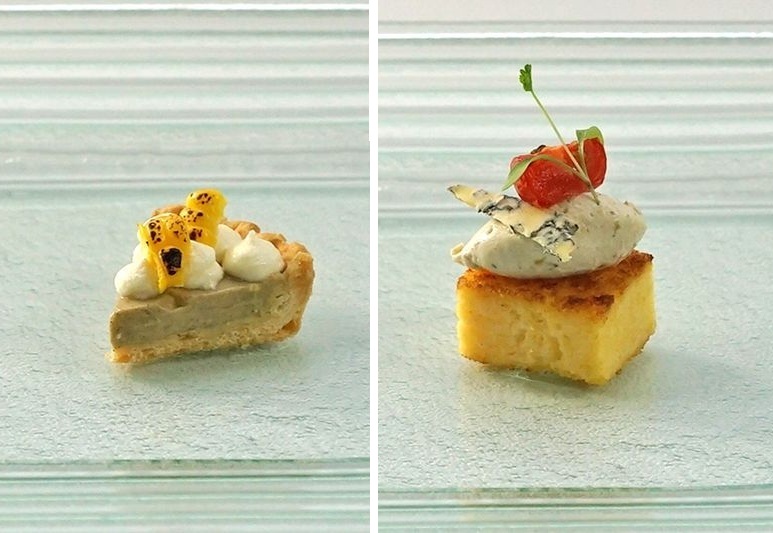 「焼きとうもろこしのプチタルト」、「ポレンタのケークサレ　ブルーチーズと茄子のクリーム」