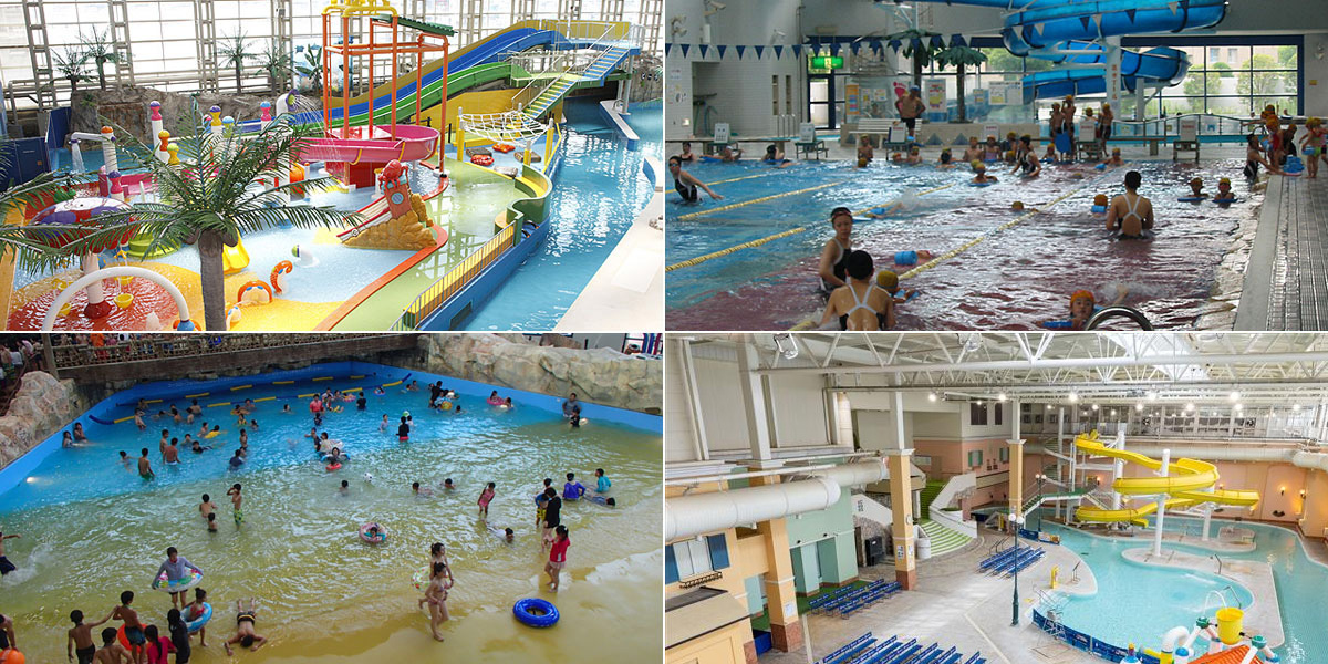 （左下から時計回りに）鶴見緑地プール／SPAWORLD HOTEL ＆ RESORT／大阪市立東淀川屋内プール／奈良健康ランド