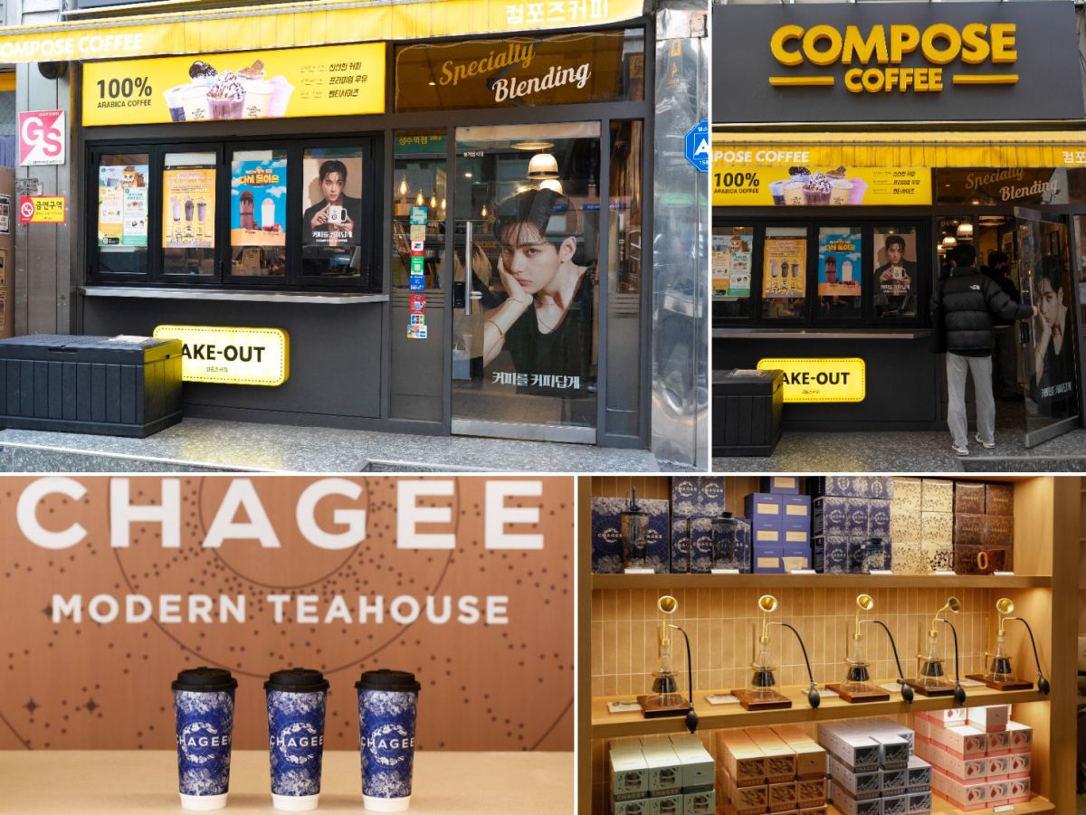 COMPOSE COFFEEにはVの写真がたくさん（写真上、別店舗）／日本未上陸のCHAGEEは必見！（写真下）
