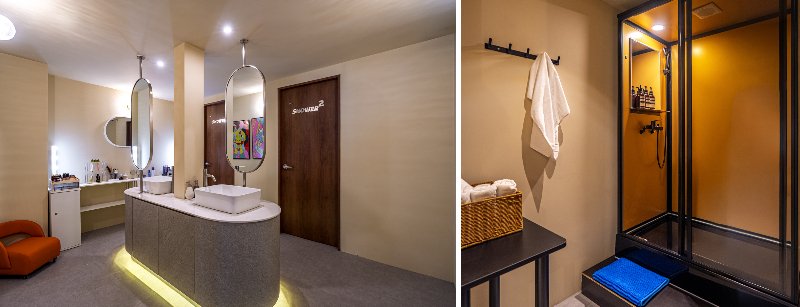 シャワー&パウダールーム（左）、シャワールーム内（右）／提供：TRANSIT LOUNGE 龍山