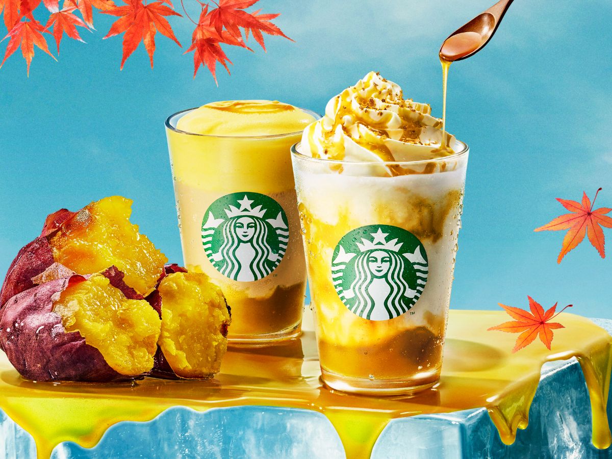 左から「とろり蜜芋 紅はるか ムース ティー ラテ」、「とろり蜜芋 紅はるか フラペチーノ&reg;」