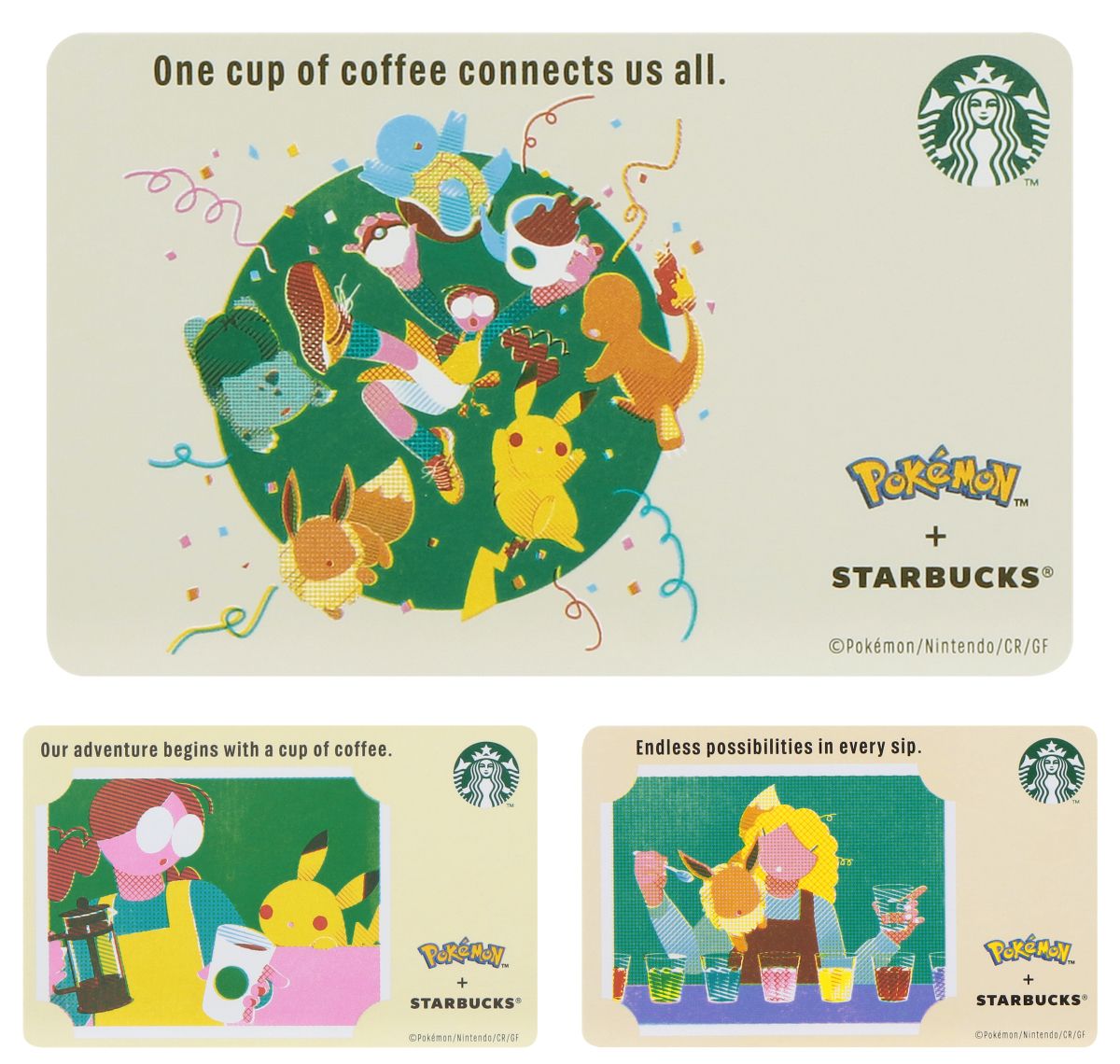 （上段）「スターバックス カード Pok&eacute;mon コーヒーコネクション」（下段左から）「スターバックス カード Pok&eacute;mon ピカチュウ / イーブイ」各2000円以上の入金で発行可能 