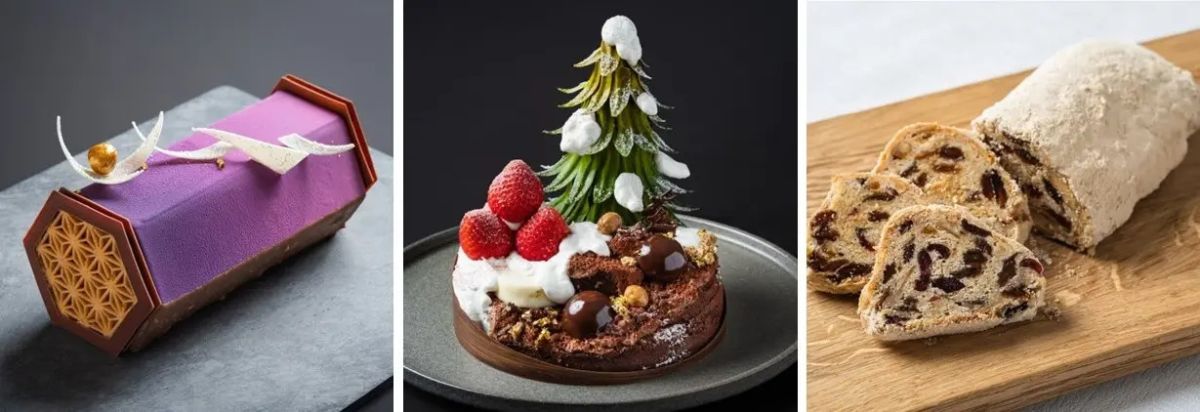 （左から）「ブッシュ ド ノエル」1万800円（約16cm）※数量限定20個／「サパン ド ノエル」1万4900円（直径15cm、高さ約17cm）※限定20個／「シュトーレン」4900円（約12cm）