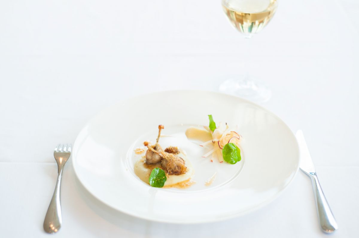 アントレ（アペタイザー）：酒粕香るりんごのクリームとグルヌイユ 熟成ブルーチーズのソース