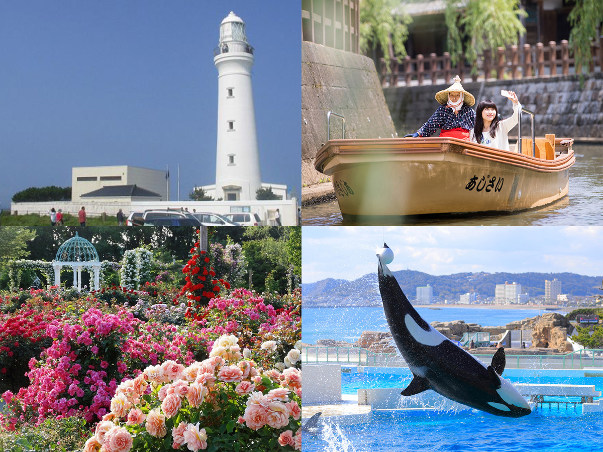 （写真左上から時計回りに）犬吠埼灯台、小江戸さわら舟めぐり、鴨川シーパラダイス、京成バラ園