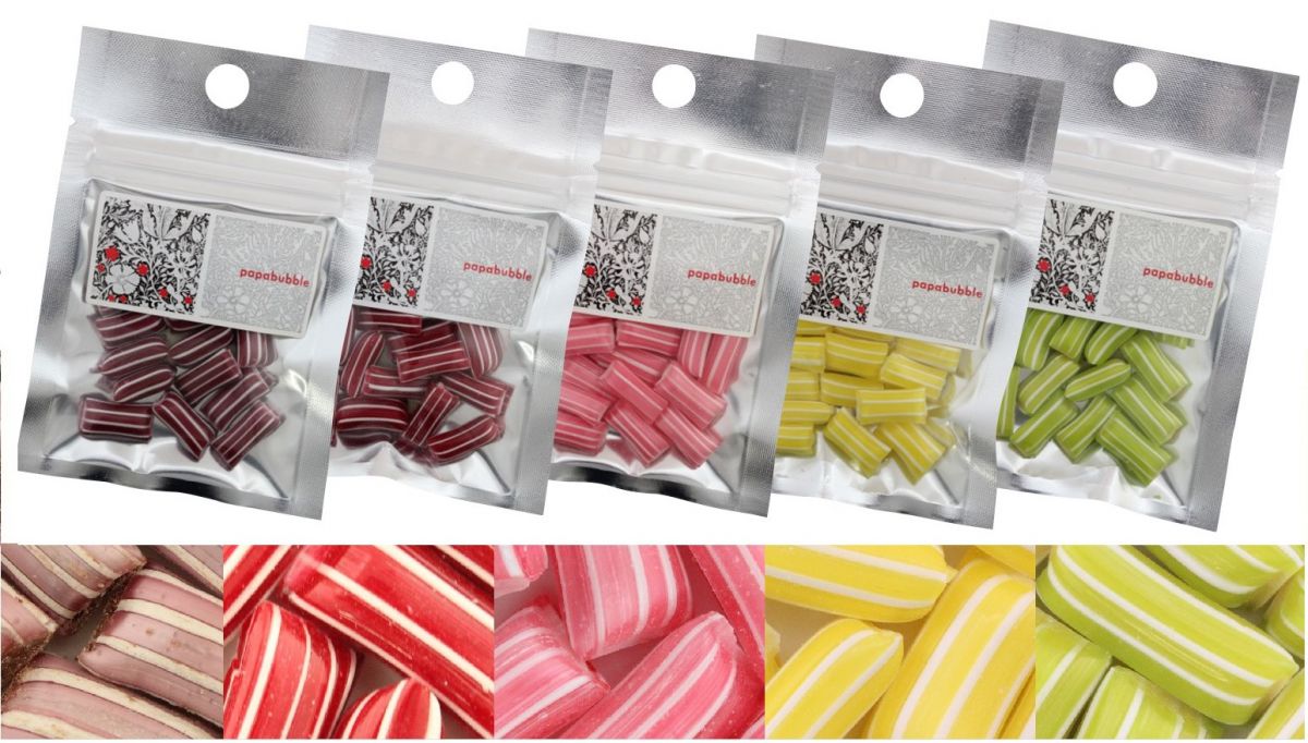 チョコレートキャンディ。フレーバーは（左から）カシスショコラ、ラズベリーアニス、いちご抹茶、パインココナッツ、キャラメルリンゴ（BAG 40g580円、 JAR（S）50g800円、JAR（M）170g2300円）