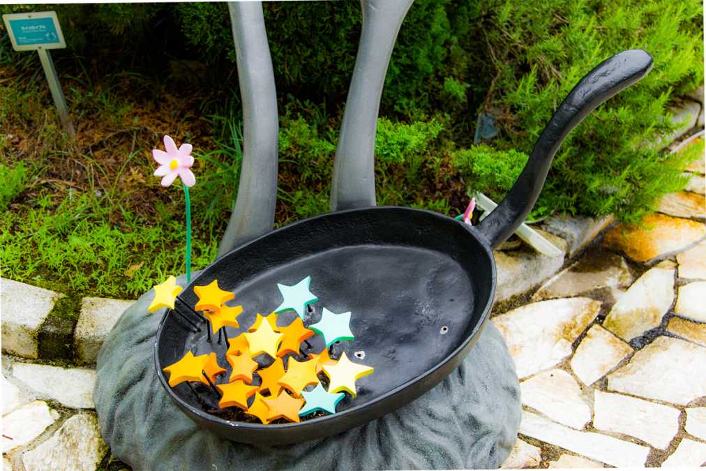 レストランの案内板の足元には星とフライパンも