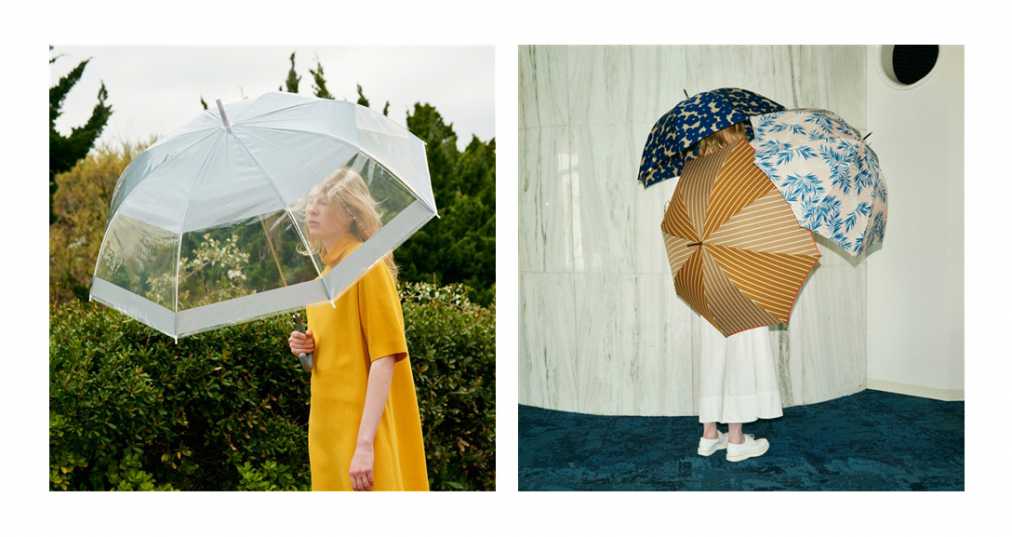 （写真左）　プリュイ2トーンビニール傘65cmグレー　1000円　（写真右/左上から時計回りに） 花プリント長傘ネイビー　2200円、レランパームアンブレラピンク　3132円、リーガ長傘ブラウン　3000円