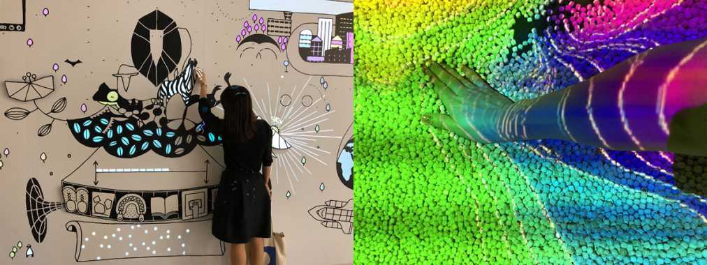 左はタッチすると光の仕掛けが動く「発見の壁」。右は人工衛星の働きや搭載されている技術について等高線で視覚的に学べる基本展示室「地表サーチ」
