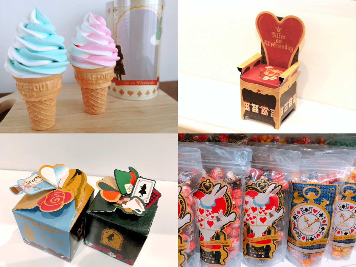 左上から時計回りに、メレンゲソフトクリーム各540円、ハートの王座ローズクッキー540円、ポップコーン各378円、ミニ金平糖ボックス各270円