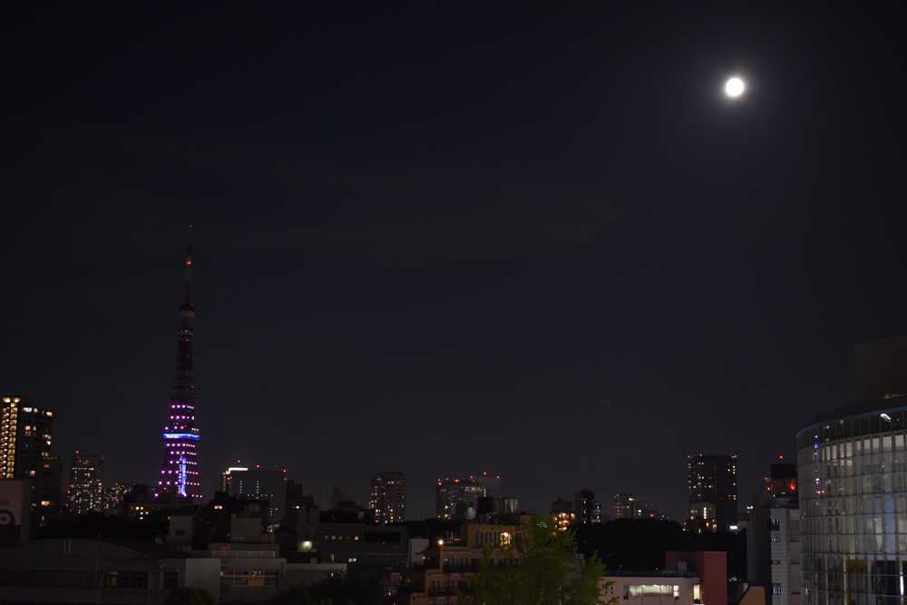 六本木ヒルズ周辺からなら、東京タワーと満月が一緒に撮影できちゃいます