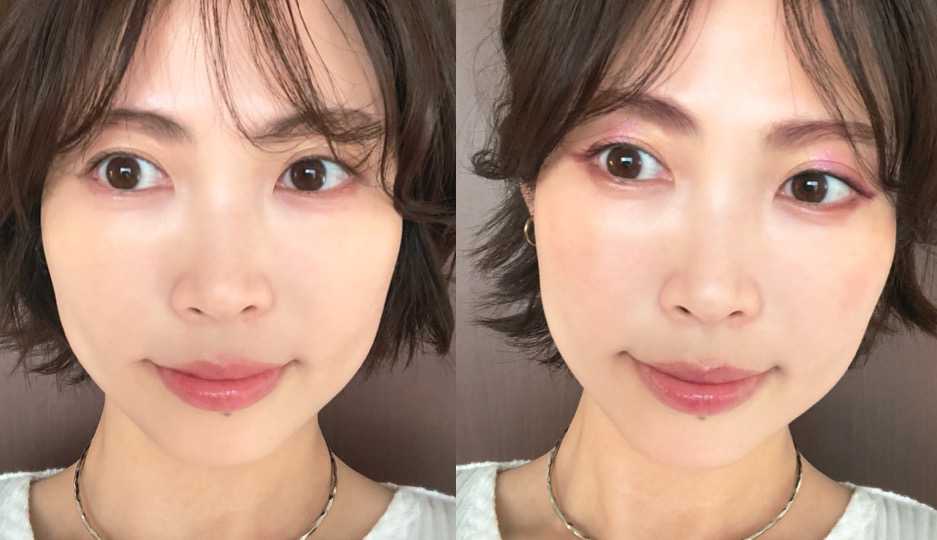 左：普段のメイク、右：春のカラーアイメイク