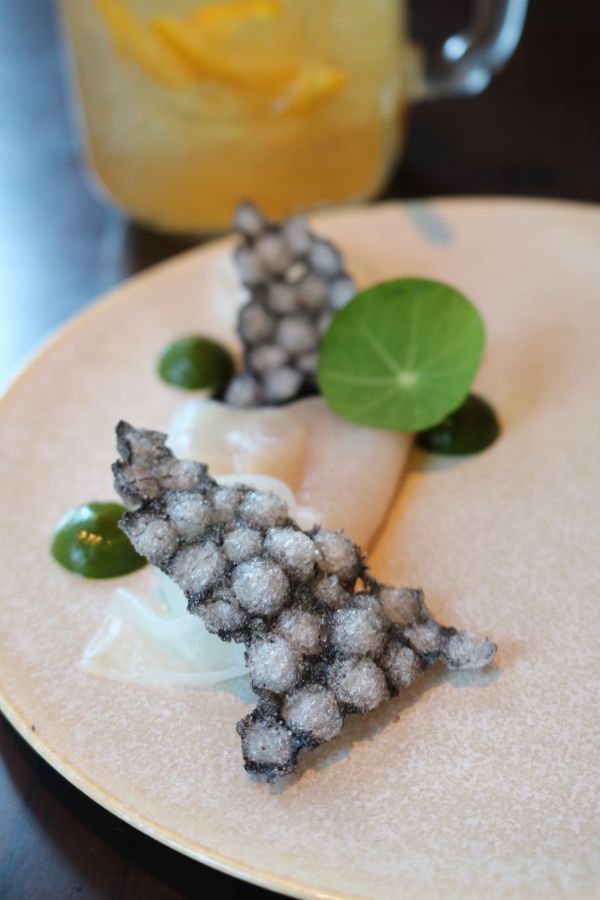 昆布〆キングフィッシュ カルパッチョ イカスミ 小松菜エミュリッション タピオカクリスプ1800円