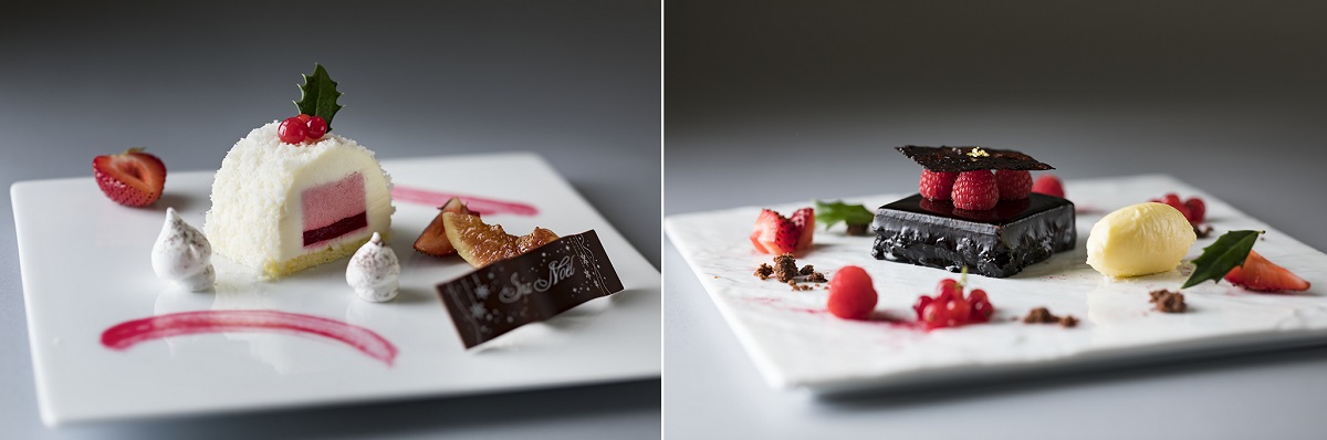 (左)ホワイトチョコレートとラズベリーのブッシュ・ド・ノエル ココナッツの香り (右)カレ・ド・ムース・オ・ショコラ