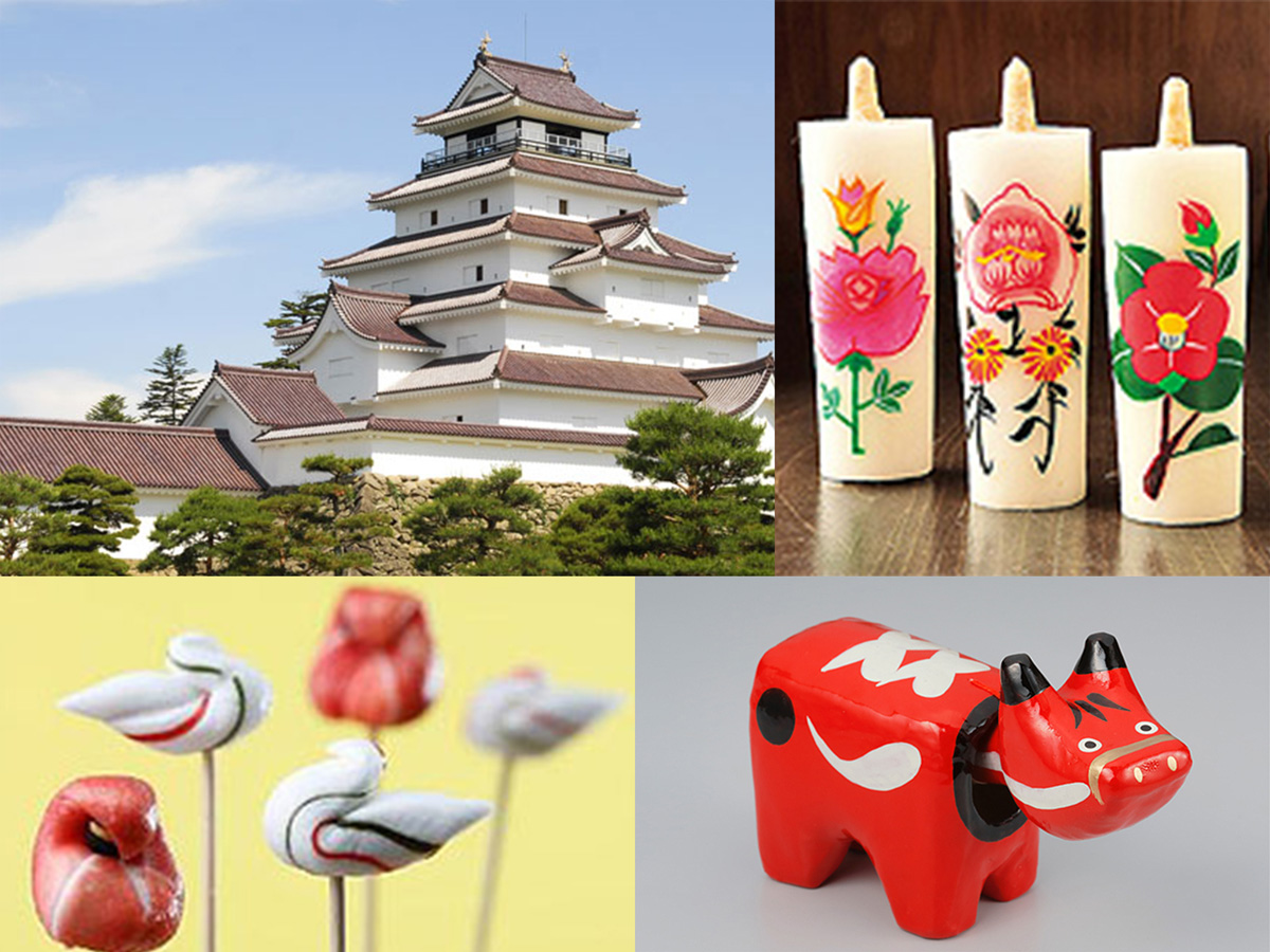 （写真左上から時計回りに）若松城天守閣、ほしばん絵ろうそく店、笑美、長門屋七日町店